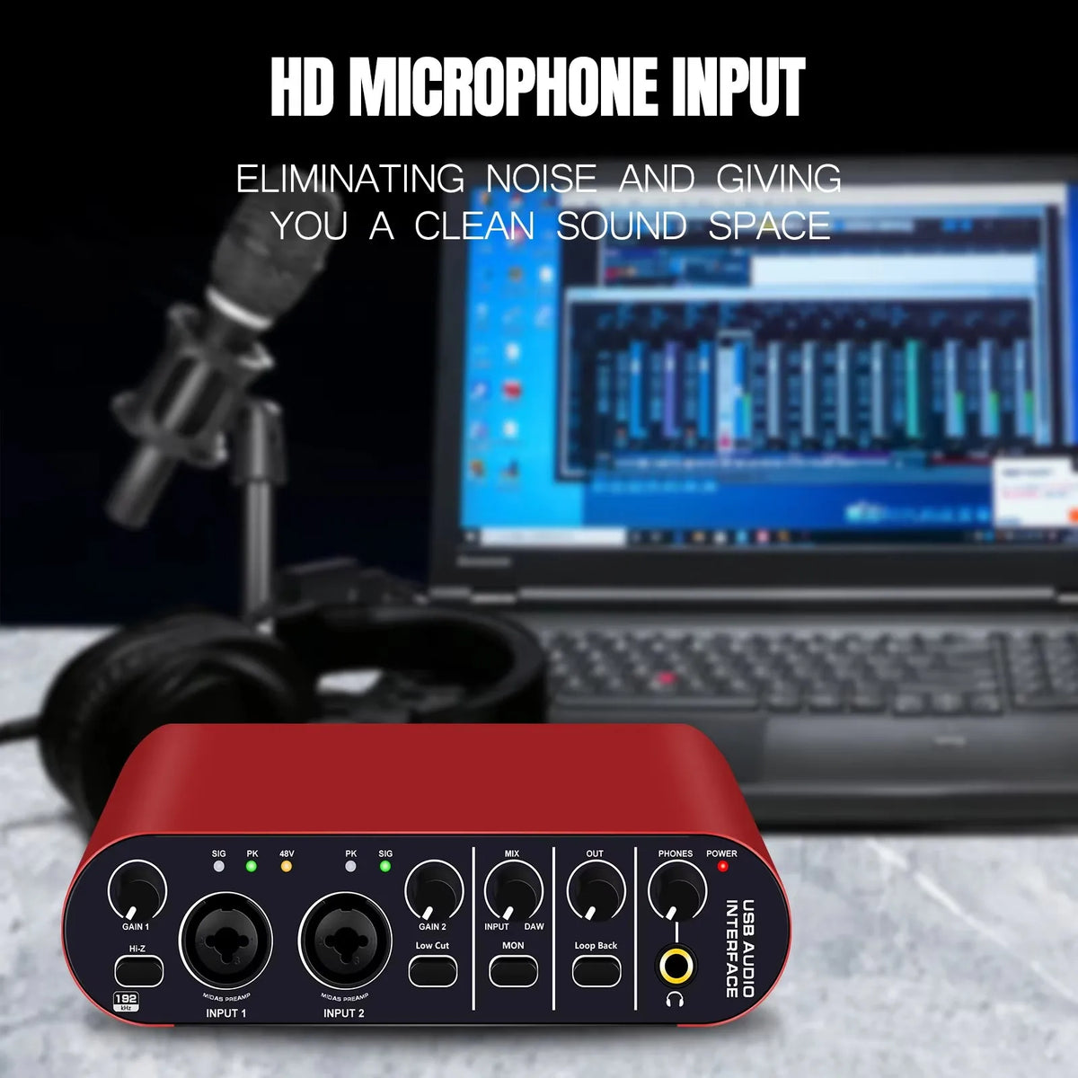 2 Channel 24 Bit 192Khz USB Audio Interface Metal Professional Sound Card 48V Phantom Power Dual Streaming for Studio Recording