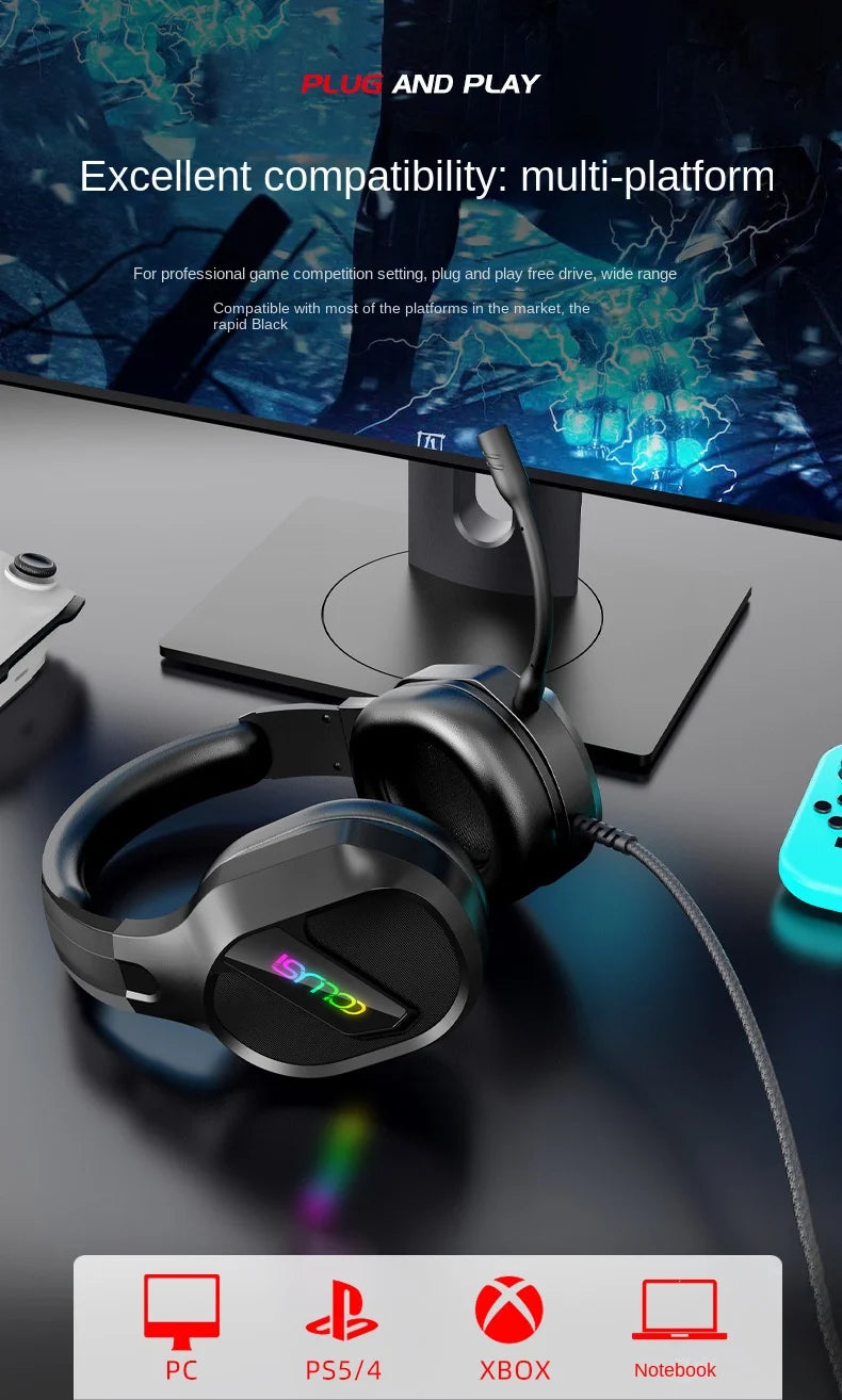 E-sports Game Over-ear Headphones Active Noise Cancellation RGB Dynamic Cool Light Effect Bass Boost 2.2m Cord Desktop Computer
