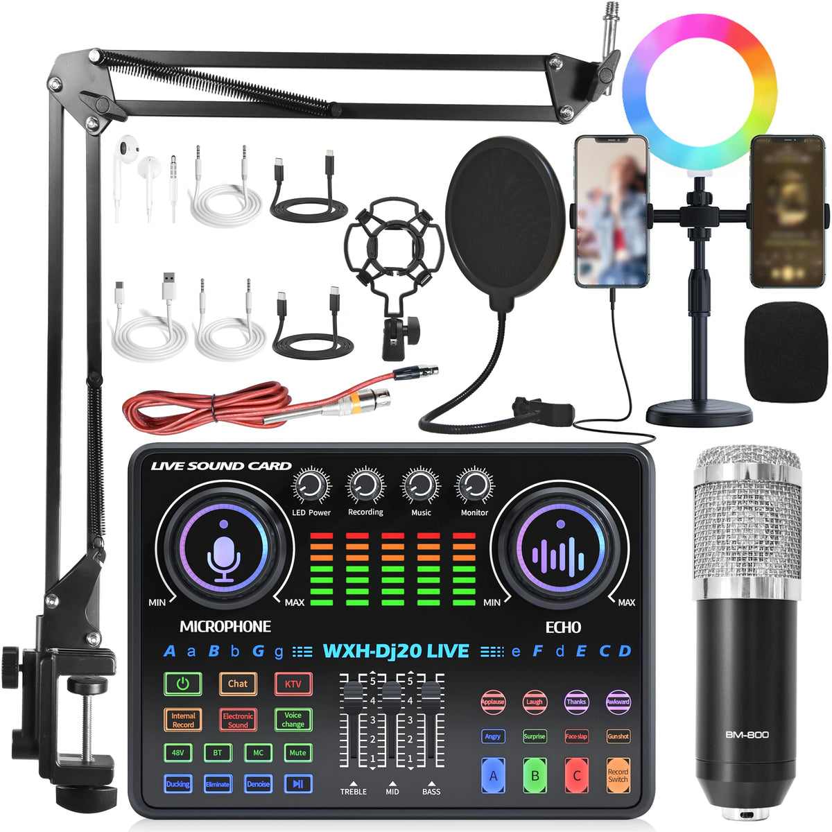 DJ20 Full Set 48v Sound Card Microphone Kit RGB Lighting Suspension Arm Bracket for Live Streaming and Recording