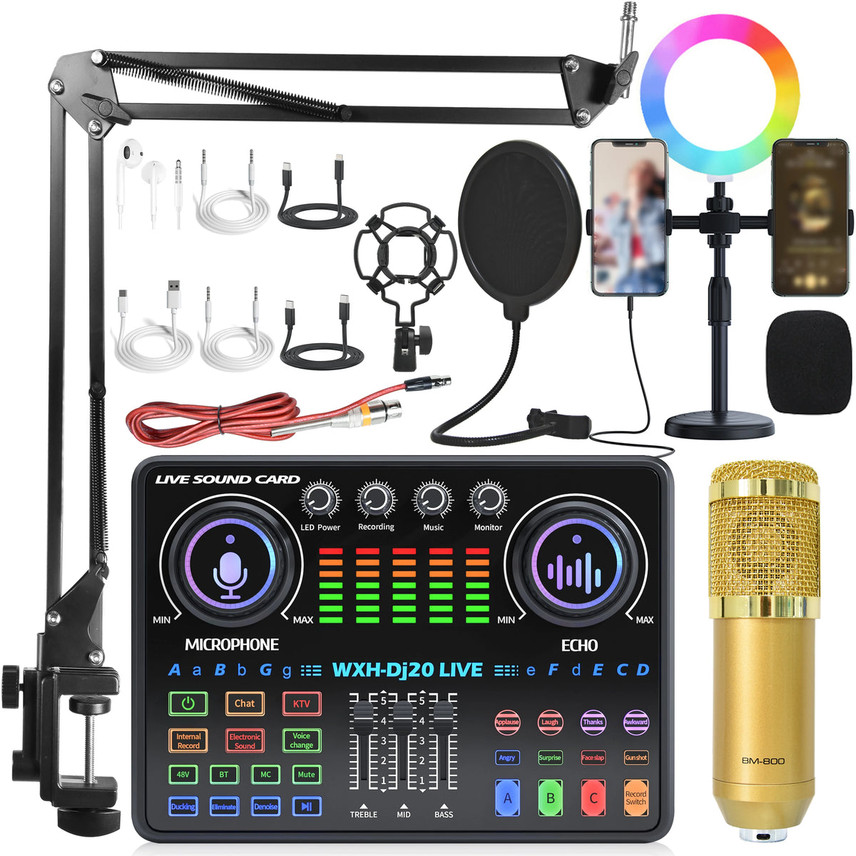 DJ20 Full Set 48v Sound Card Microphone Kit RGB Lighting Suspension Arm Bracket for Live Streaming and Recording