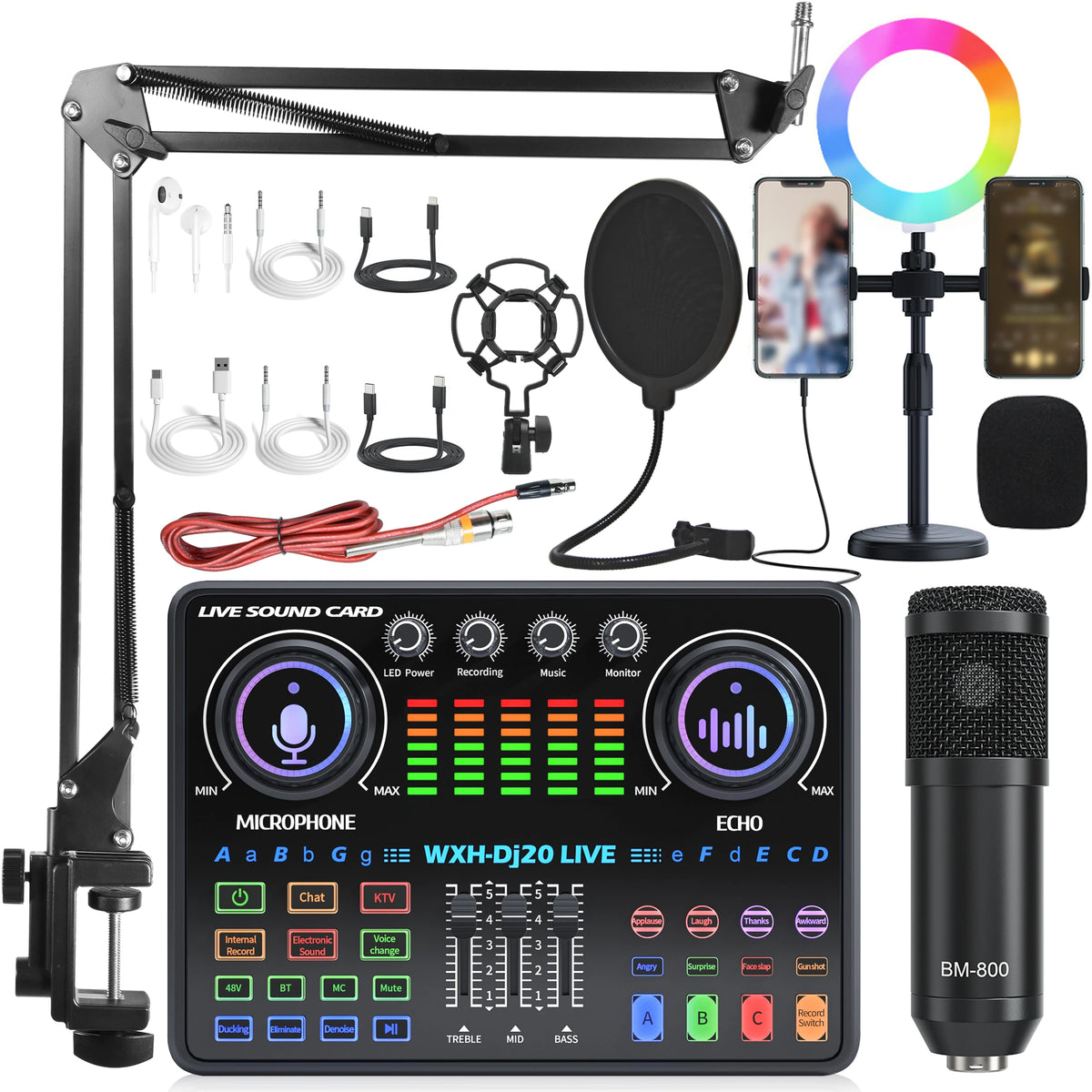DJ20 Full Set 48v Sound Card Microphone Kit RGB Lighting Suspension Arm Bracket for Live Streaming and Recording