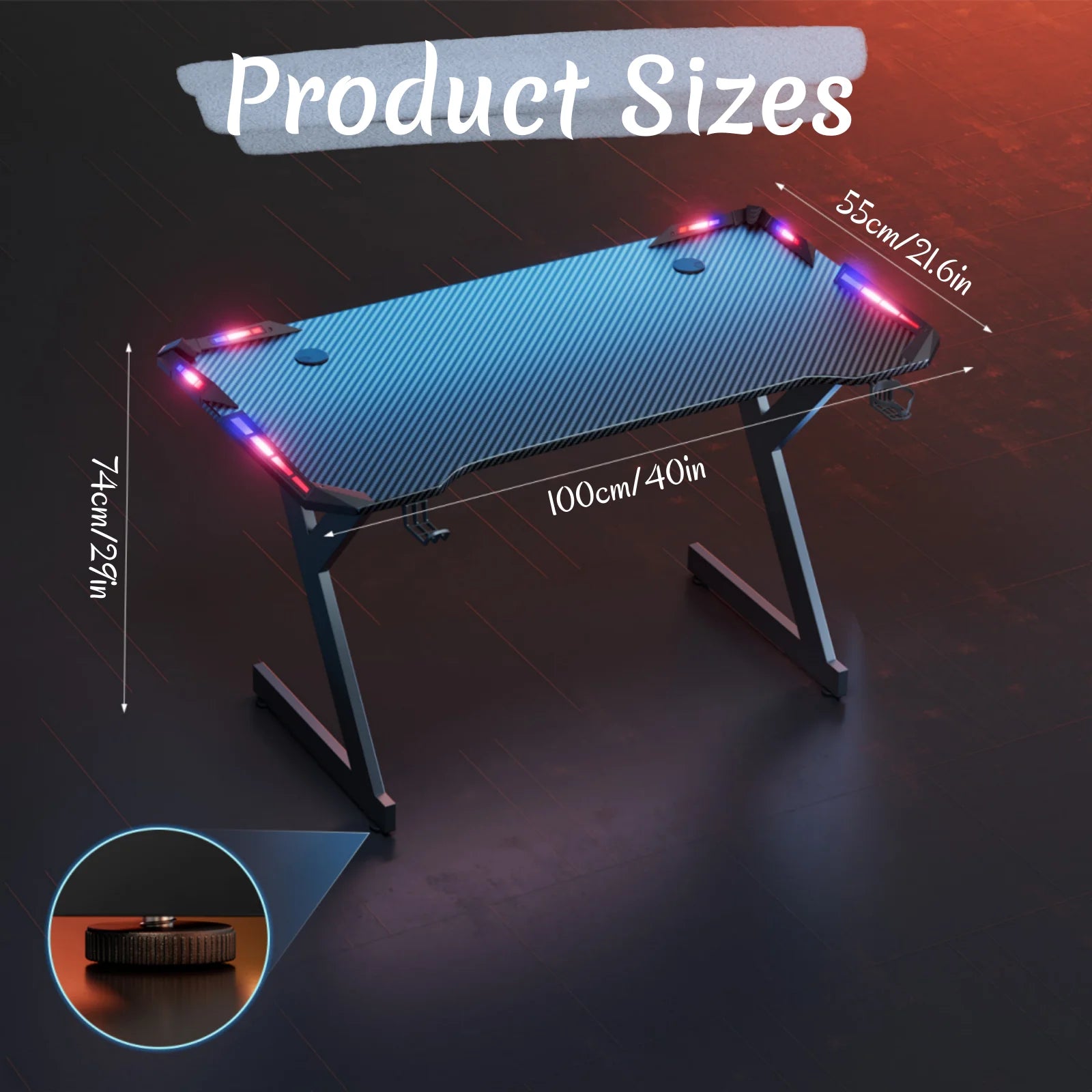 Y‑Shaped Gaming Desk with RGB LED Lights, Ergonomic Carbon‑Fiber Surface PC Workstation Table with Headphone Hook & Cup Holder