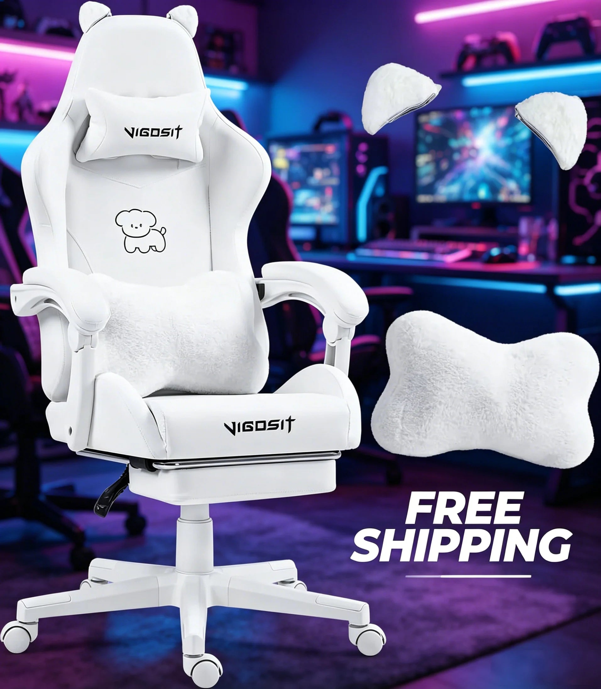 VIGOSIT Ergonomic Computer Chair with Footrest and Headrest,Gaming Chair Cute with Cat Ears and Massage Lumbar Support, Comfortable Reclining Game Chair 290lbs for Adult, Teen