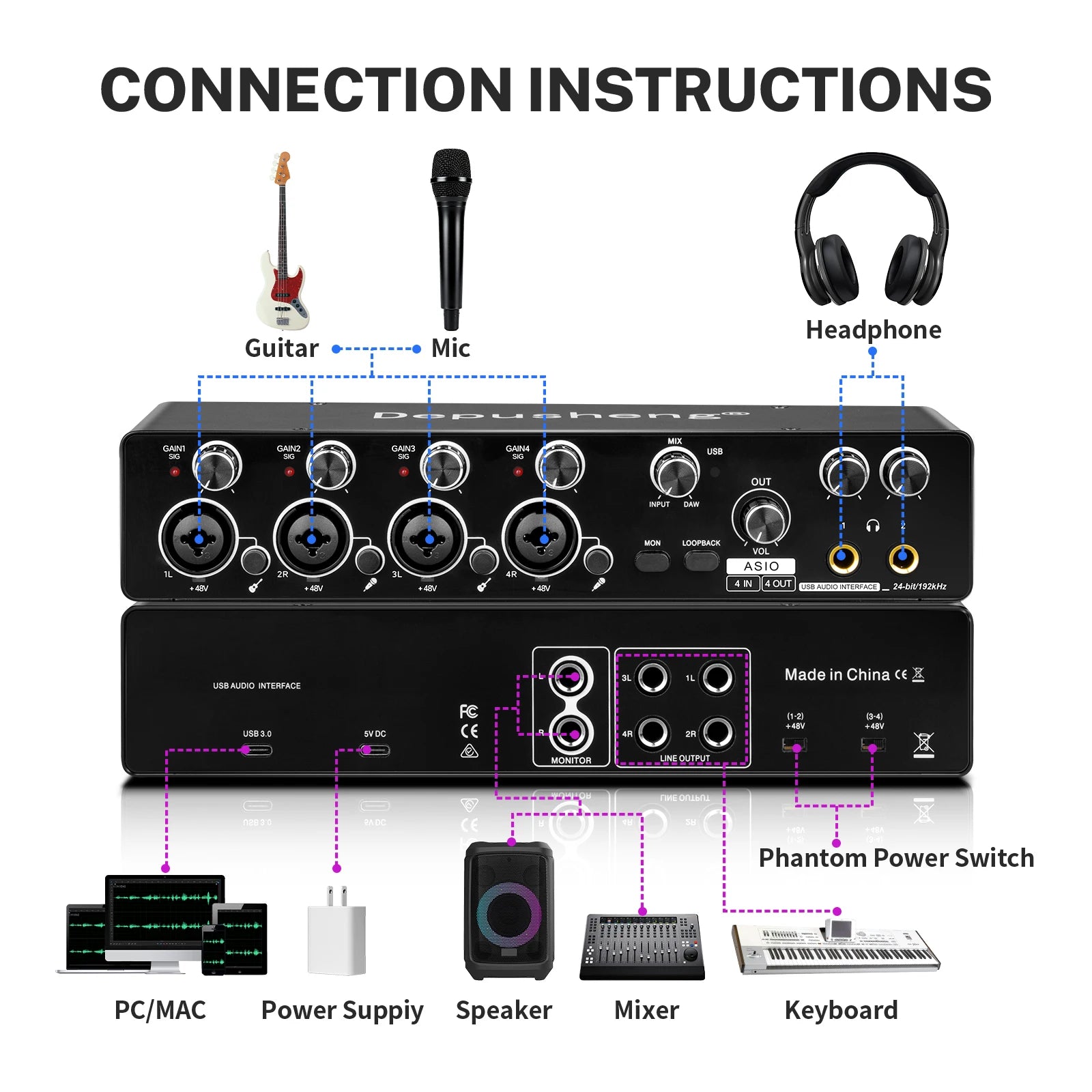 MQ44 ASIO Audio Professional Sound Card 4 Channel 4in 4out USB Audio Interface for Live Recording