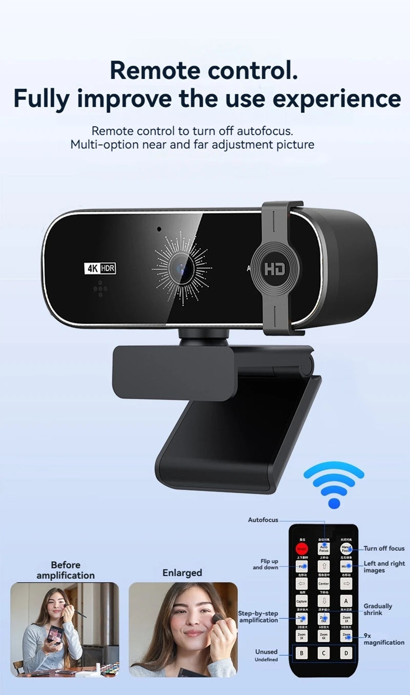 4K Webcam For PC Auto-Focus with Remote Control Privacy Cover Webcam With Microphone Plug & Play For Laptop/Desktop Video Callin