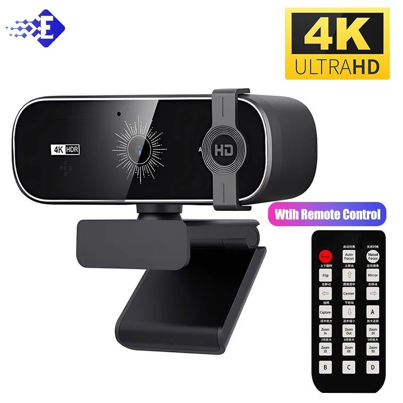 4K Webcam For PC Auto-Focus with Remote Control Privacy Cover Webcam With Microphone Plug & Play For Laptop/Desktop Video Callin