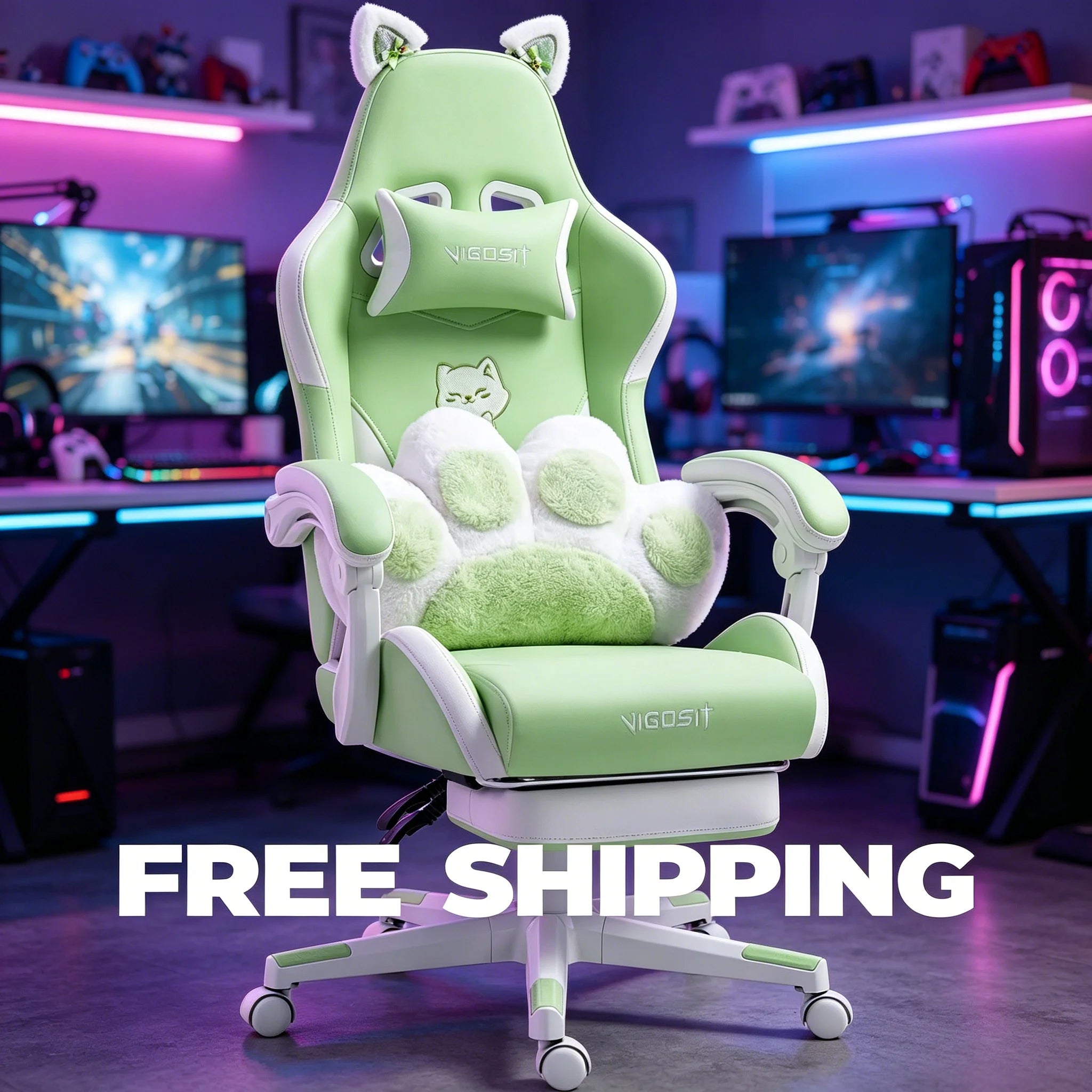 VIGOSIT Ergonomic Computer Chair with Footrest and Headrest,Gaming Chair Cute with Cat Ears and Massage Lumbar Support, Comfortable Reclining Game Chair 290lbs for Adult, Teen