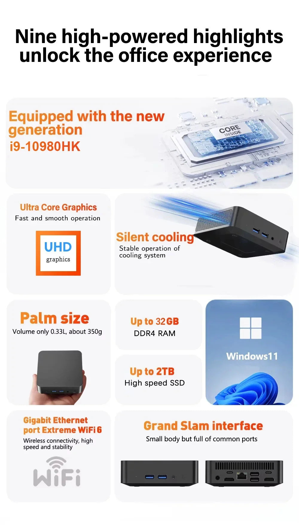 Ornate Windows 11 Pro Mini PC Core i9 8950HK 32GB RAM 1TB 2TB SSD 4K HD WiFi6 BT5.2 Home Gaming Desktop With 3 Years Warranty