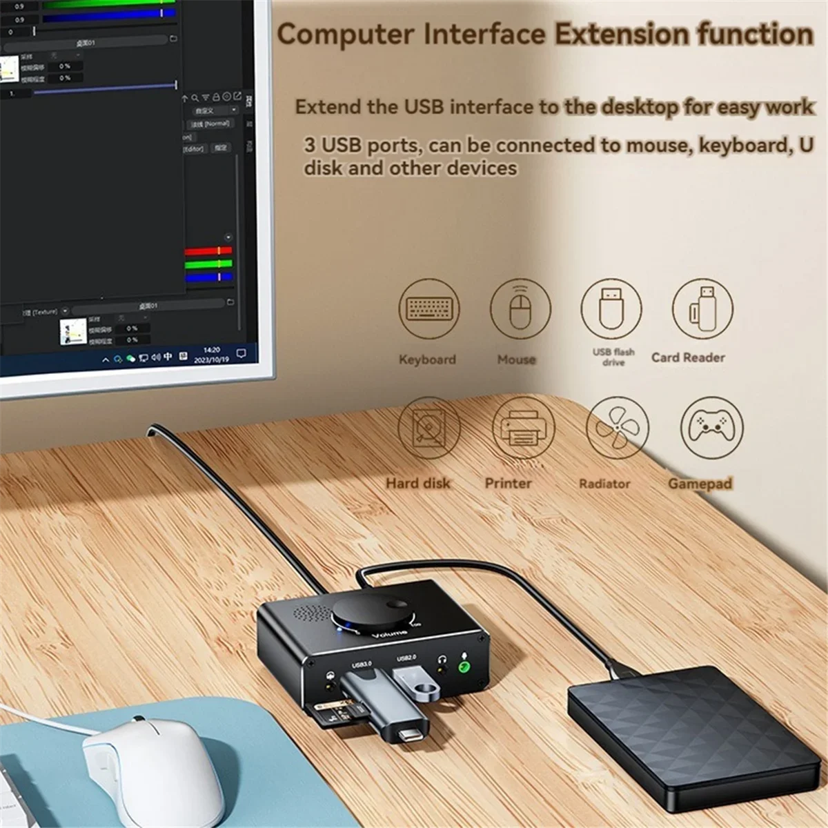 USB External Sound Card 3 Ports USB 2.0 to 3.5mm Sound Card with Volume Control Driver-Free Volume Adjustable Sound Card