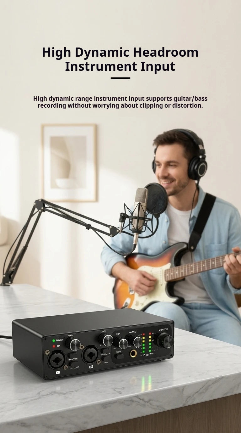 2 Channel USB Audio Interface with 48V Phantom Power Low Noise Sound Card for PC - Ideal for Recording Podcasts Guitar And Live