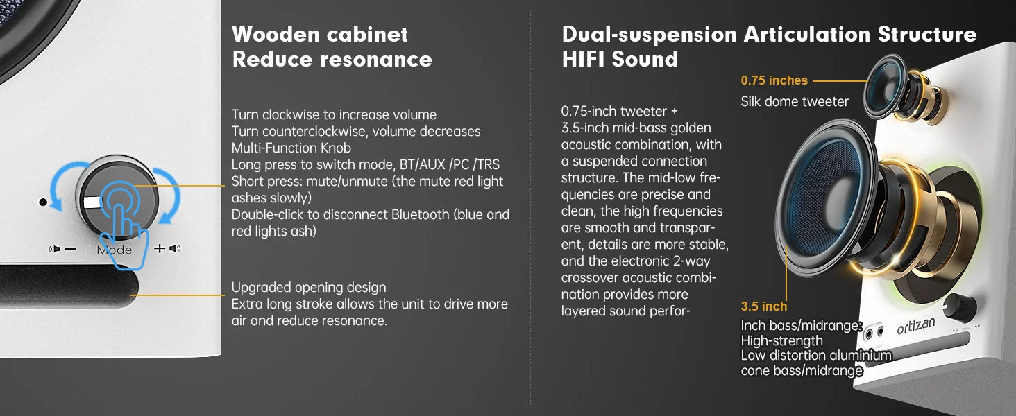 Ortizan Audio Bookshelf Active Speakers Studio Monitor,Bluetooth 5.3 Wireless Computer TV PC USB DAC HiFi Home Subwoofer System