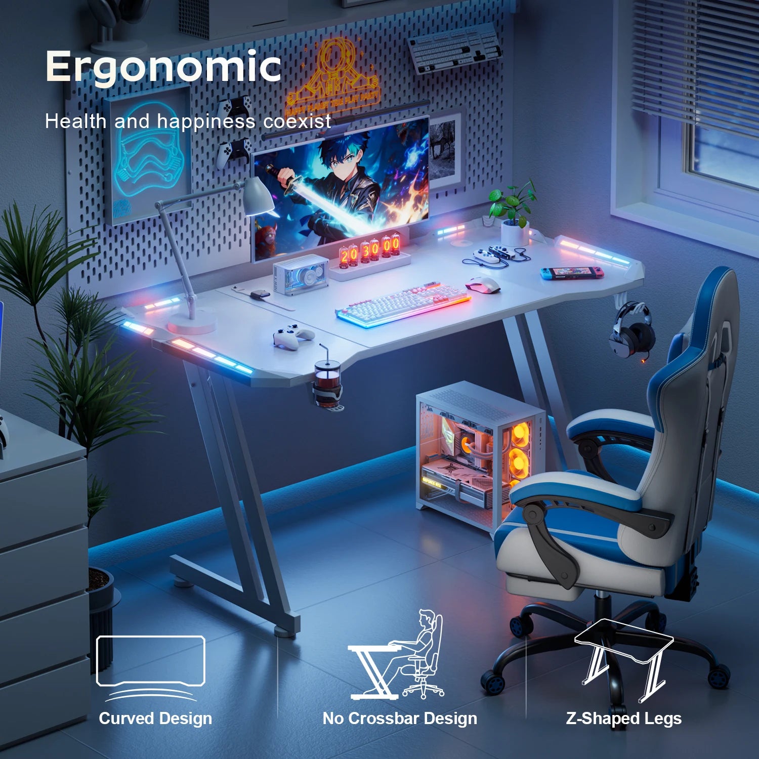 47/55/63inch Gaming Desk, Carbon Fibre Gaming Table with LED Lights, Z Shaped Ergonomic Desk with Cup Holder & Headphone Hook, White