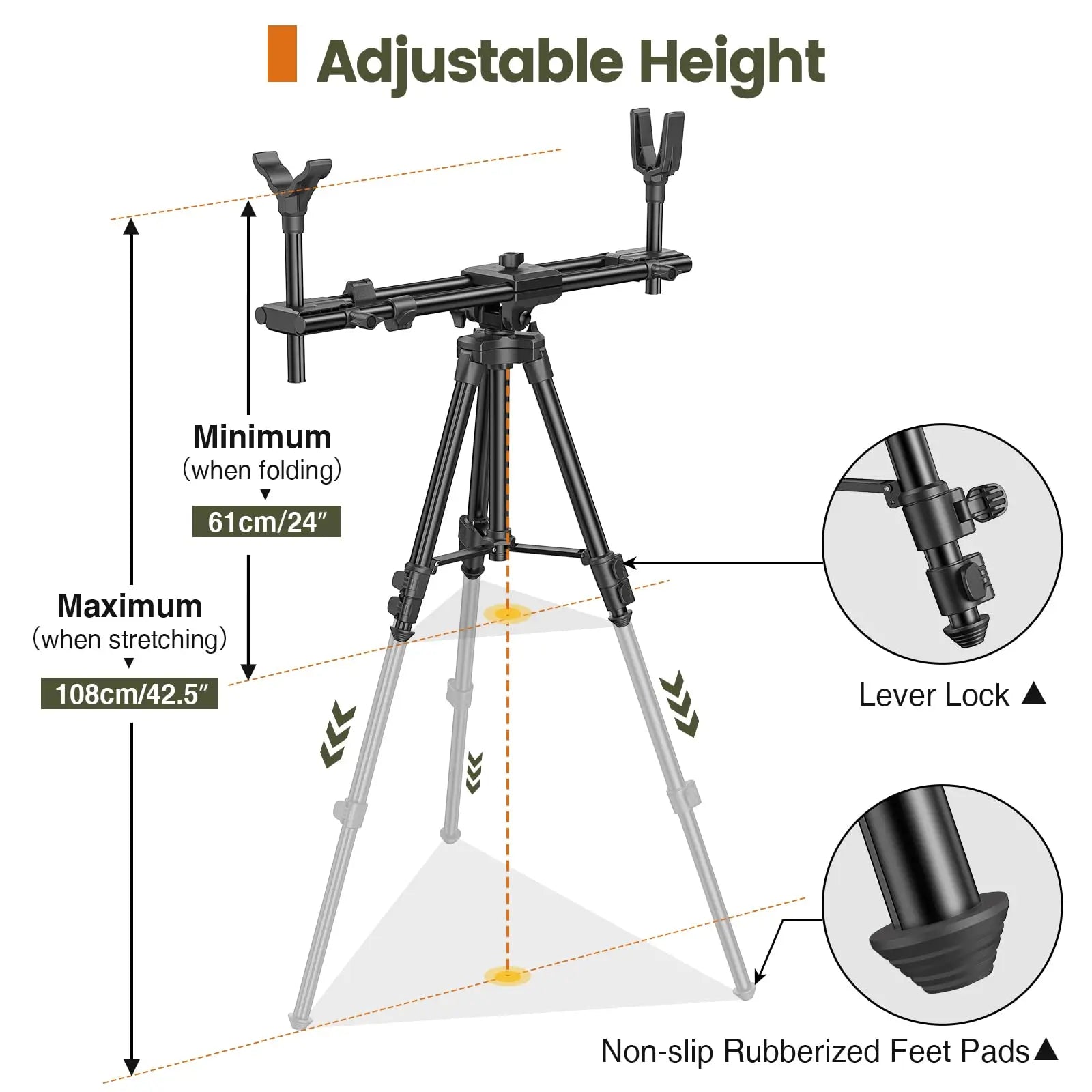Tripod Rests Sticks with 360° Rotatable Dual V Yoke Frame Flexible Orientation Adjustable Height for Outdoors Hunting Aluminum