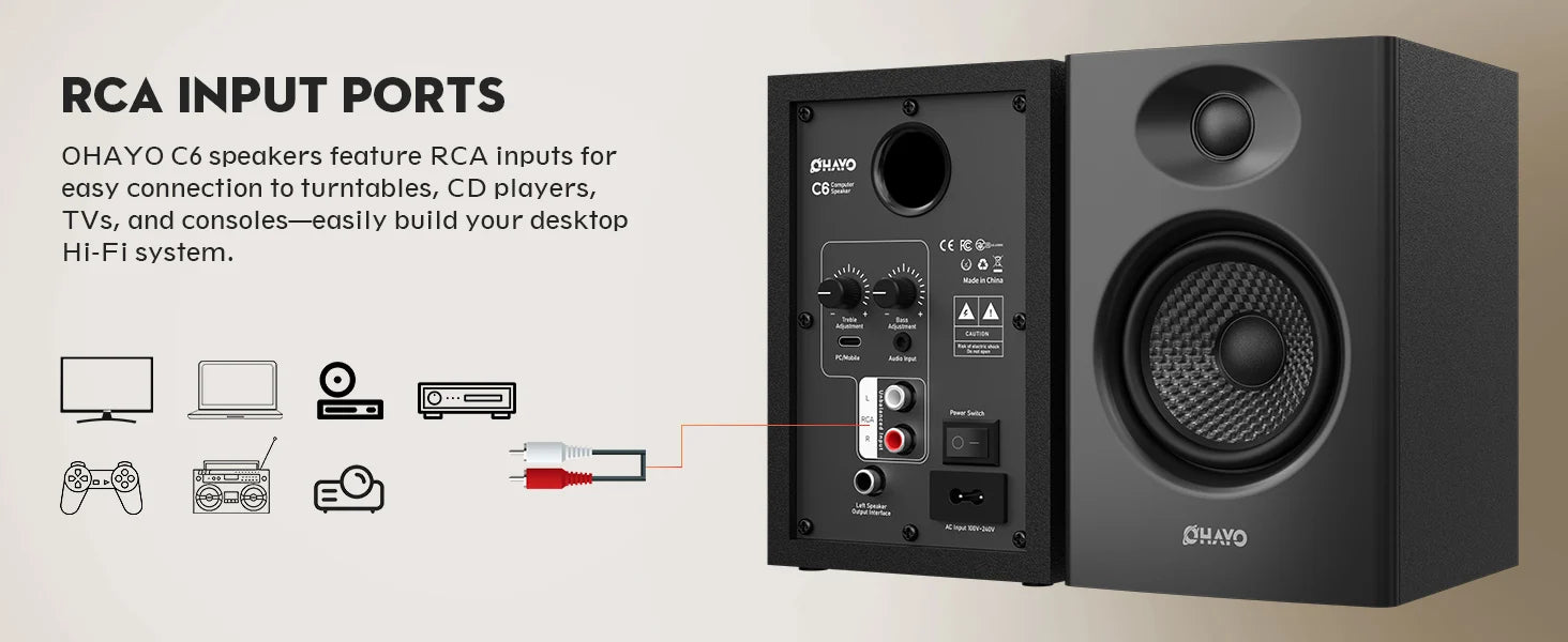 OHAYO Active Bluetooth 5.3 Bookshelf Speakers, 60W MDF Wooden Speaker Unit , 2.0 Computer PC Monitor Gaming Speakers,RCA/AUX/USB