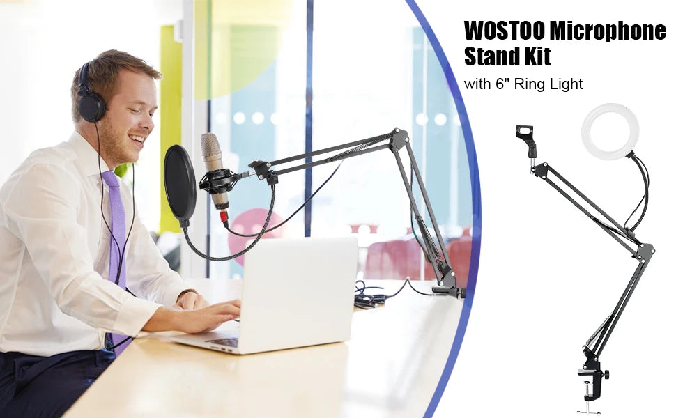 Microphone Stand, WOSTOO Mic Stand Desk Boom Arm with Fill Light Professional
