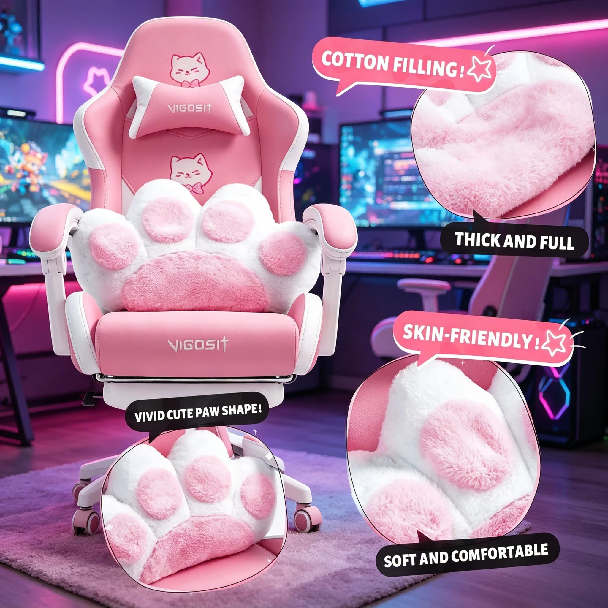 VIGOSIT Ergonomic Computer Chair with Footrest and Headrest,Gaming Chair Cute with Cat Ears and Massage Lumbar Support, Comfortable Reclining Game Chair 290lbs for Adult, Teen