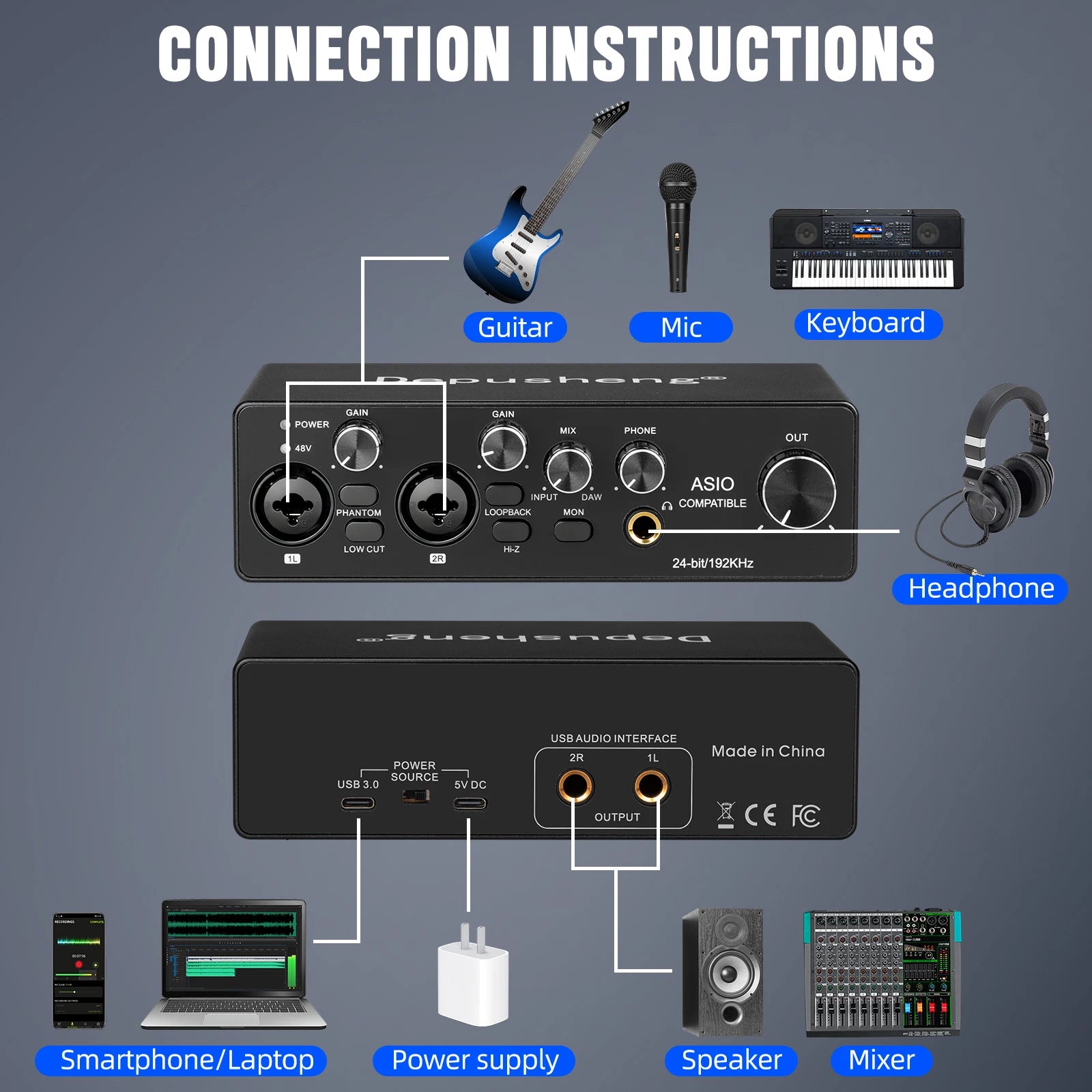 MQ44 ASIO Audio Professional Sound Card 4 Channel 4in 4out USB Audio Interface for Live Recording