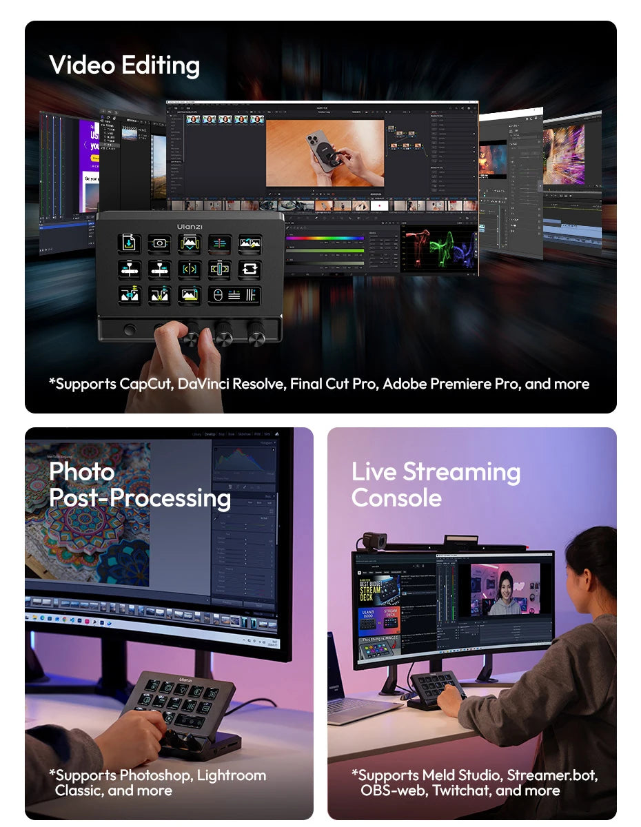 Ulanzi D200X 8 in 1 Stream Deck Keyboard 14 LCD Keys Stream Controler for Video Editing Game Live Content Creation Studio Light