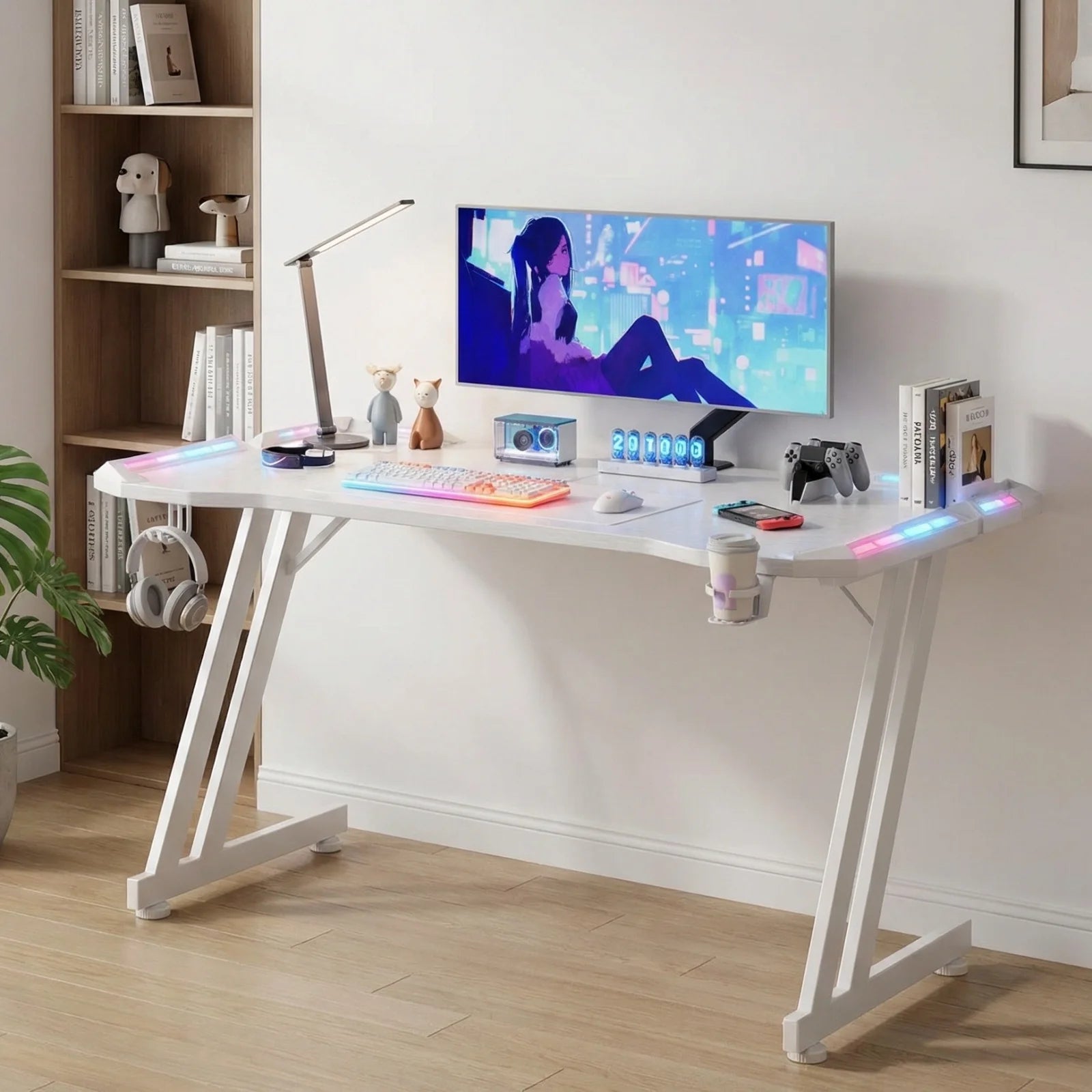 47/55/63inch Gaming Desk, Carbon Fibre Gaming Table with LED Lights, Z Shaped Ergonomic Desk with Cup Holder & Headphone Hook, White