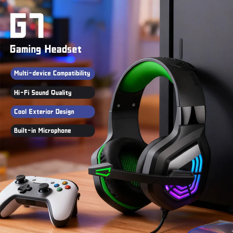 G7 Gaming Headset With Noise-cancelling Mic Surround Sound Wired LED Lights For Gamers Stereo SVirtual Surround Bass Earphone