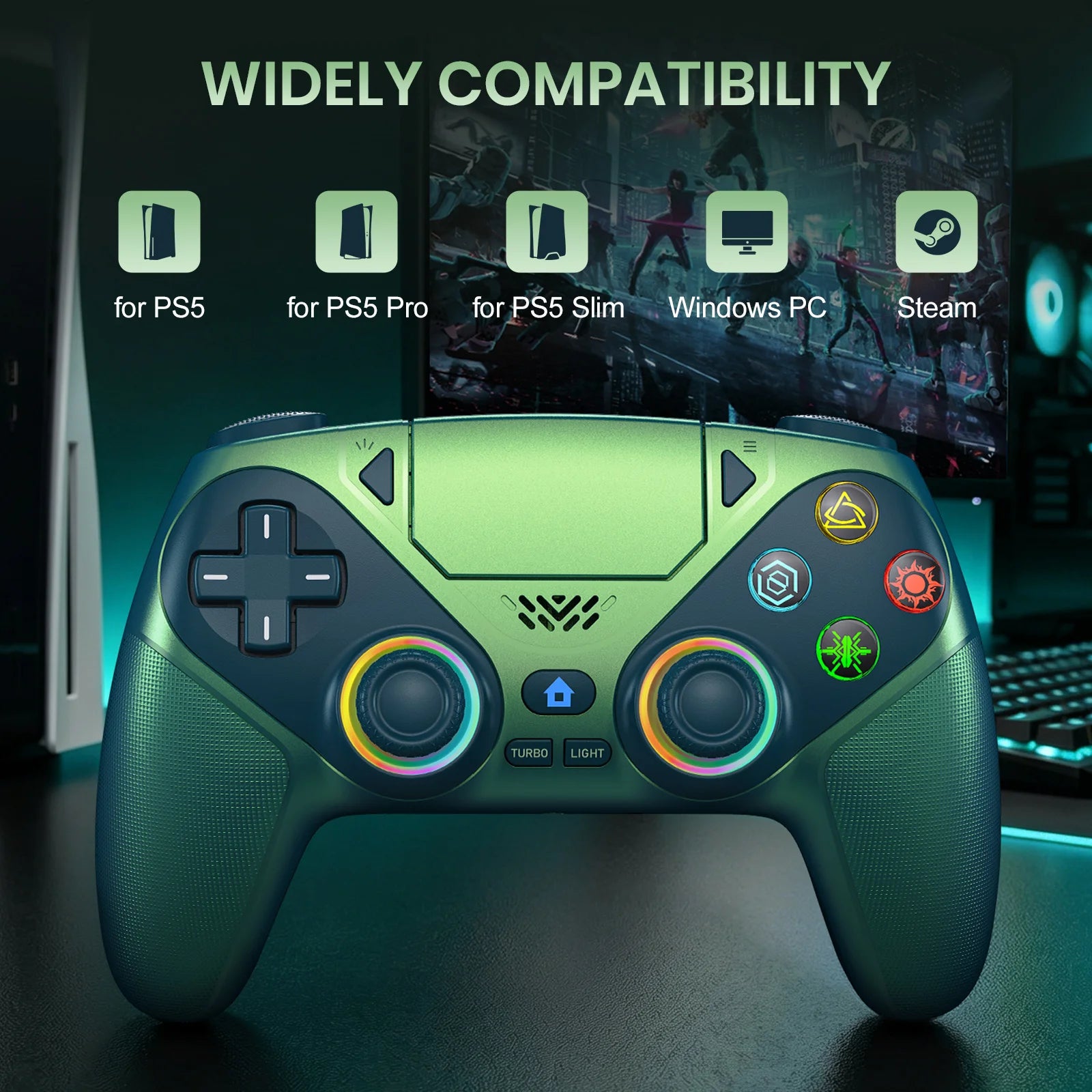 RGB Light Controller For PlayStation 5/PS5 Pro/Slim/PC Wireless Gamepad Marco/Turbo NO Drift Hall Effect Gaming Control Joystick