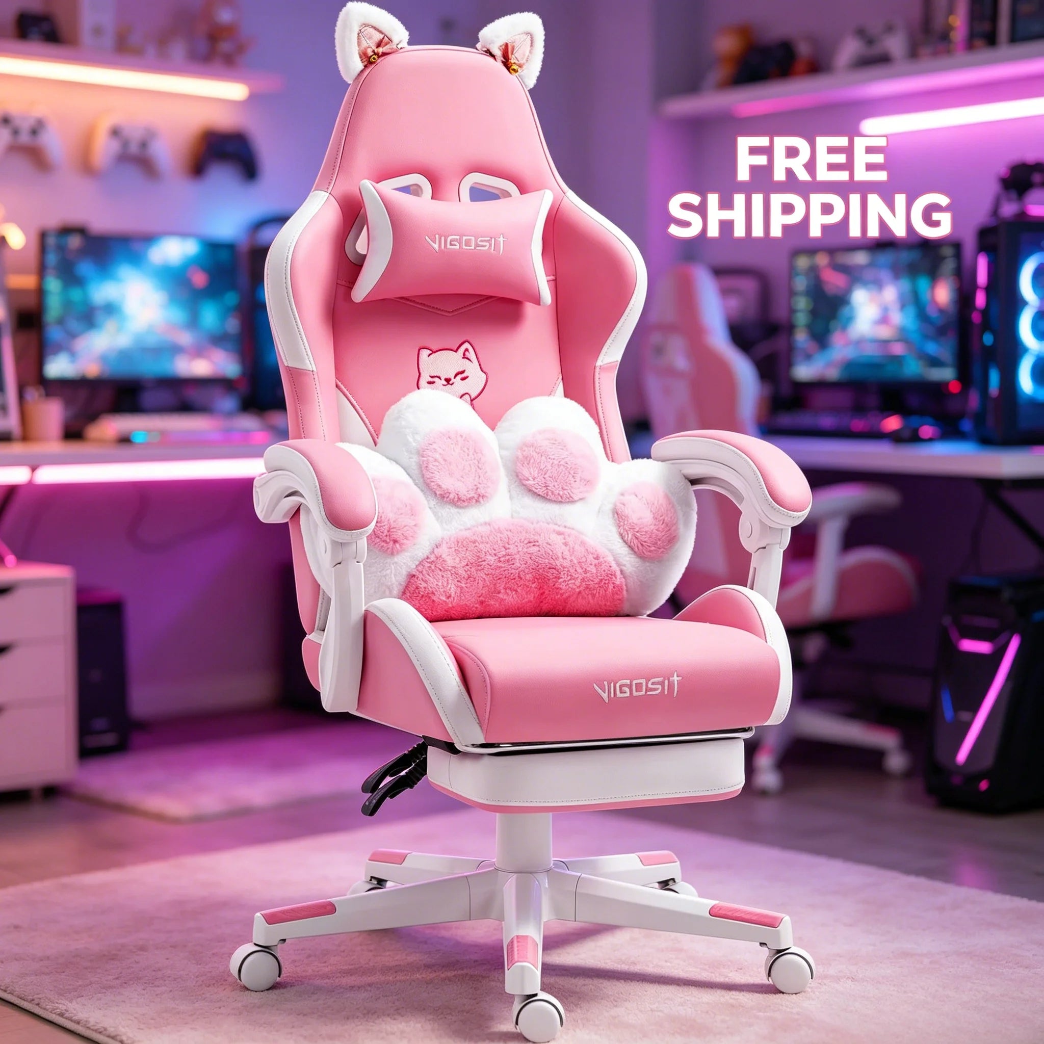 VIGOSIT Ergonomic Computer Chair with Footrest and Headrest,Gaming Chair Cute with Cat Ears and Massage Lumbar Support, Comfortable Reclining Game Chair 290lbs for Adult, Teen
