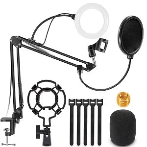 Microphone Stand, WOSTOO Mic Stand Desk Boom Arm with Fill Light Professional