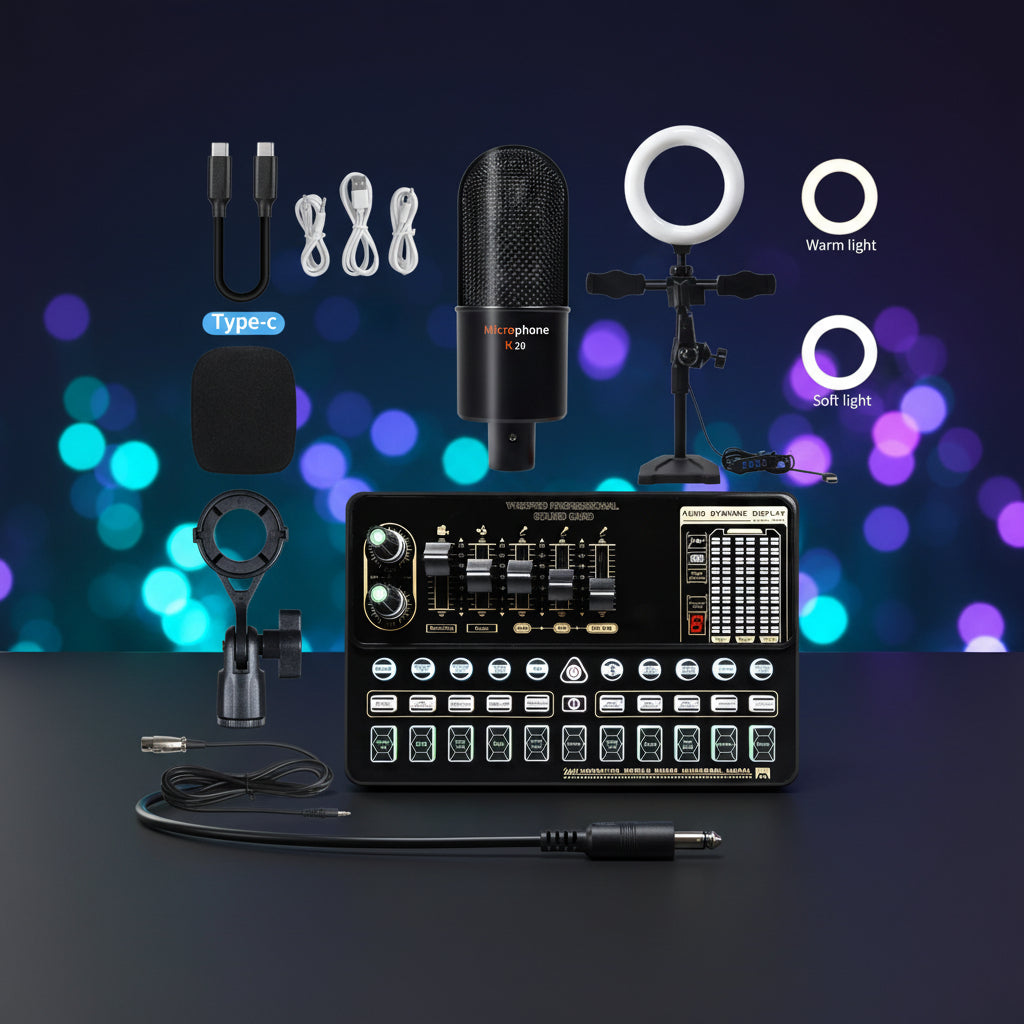 Collection of audio and video equipment including a microphone, light stand, and control panel on a white background.