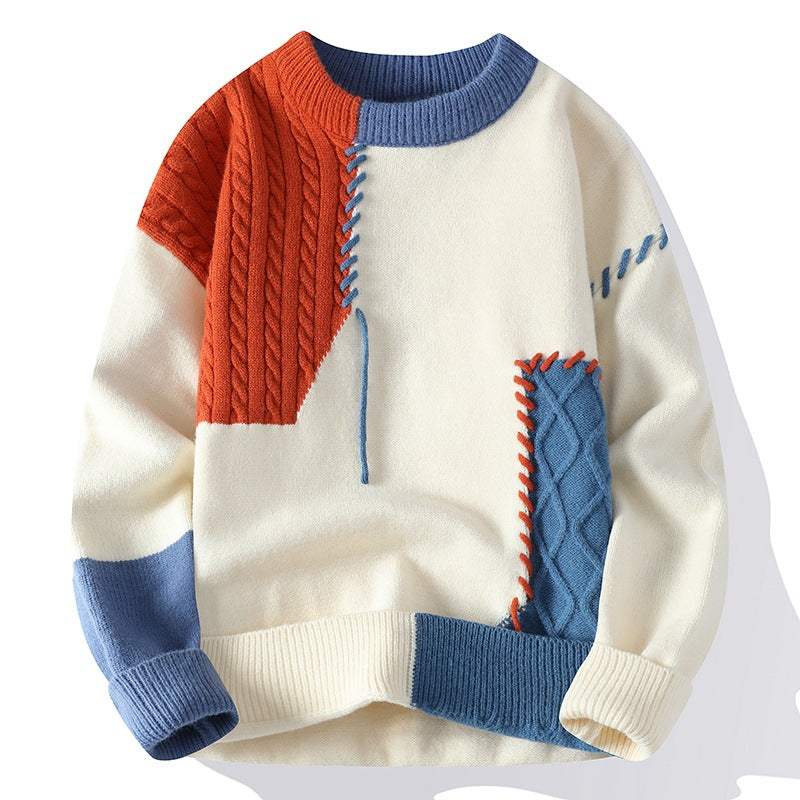 Ins Color block Pullover Sweater Winter Fashion Long Sleeve Knitted Top Men's Clothing