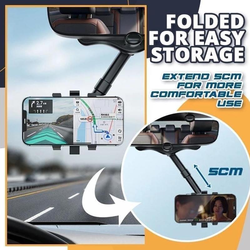 Multifunctional 360 Rear View Mirror For Car Rotatable And Retractable Car Phone Holder