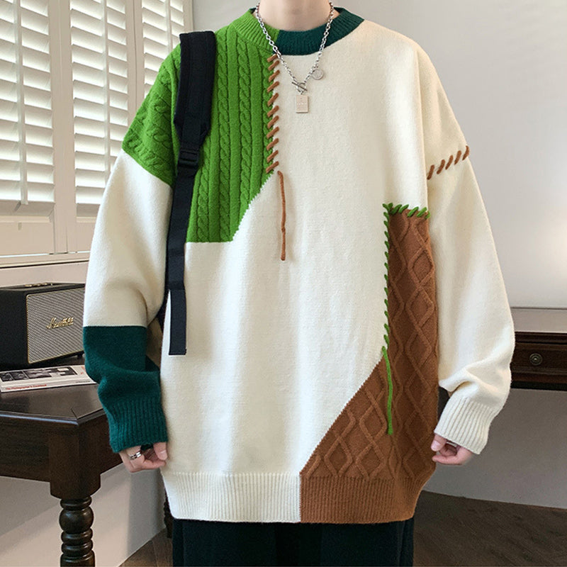 Ins Color block Pullover Sweater Winter Fashion Long Sleeve Knitted Top Men's Clothing