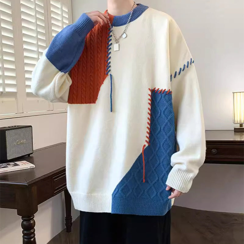 Ins Color block Pullover Sweater Winter Fashion Long Sleeve Knitted Top Men's Clothing