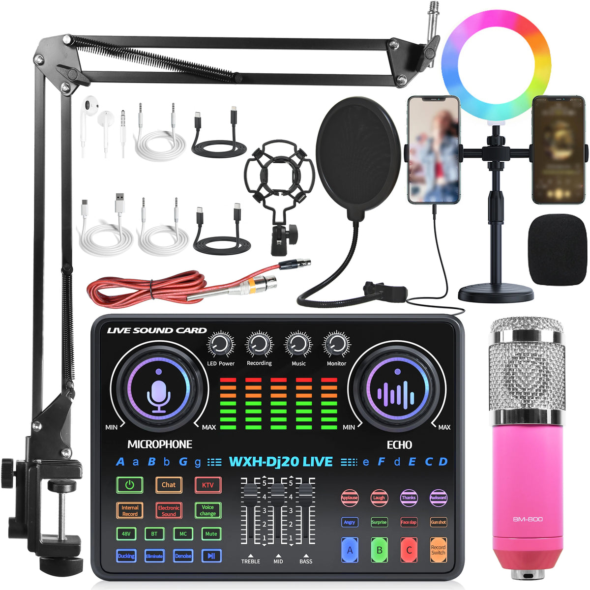 DJ20 Full Set 48v Sound Card Microphone Kit RGB Lighting Suspension Arm Bracket for Live Streaming and Recording