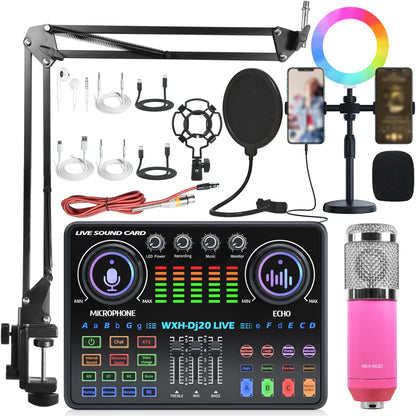 DJ20 Full Set 48v Sound Card Microphone Kit RGB Lighting Suspension Arm Bracket for Live Streaming and Recording
