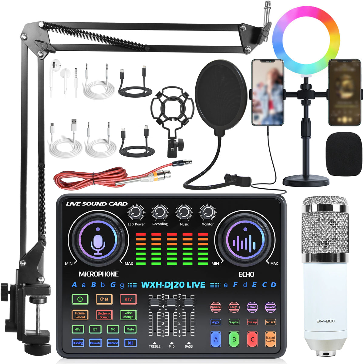 DJ20 Full Set 48v Sound Card Microphone Kit RGB Lighting Suspension Arm Bracket for Live Streaming and Recording