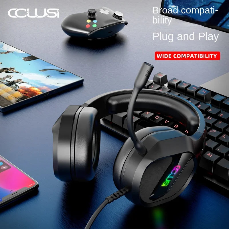 E-sports Game Over-ear Headphones Active Noise Cancellation RGB Dynamic Cool Light Effect Bass Boost 2.2m Cord Desktop Computer