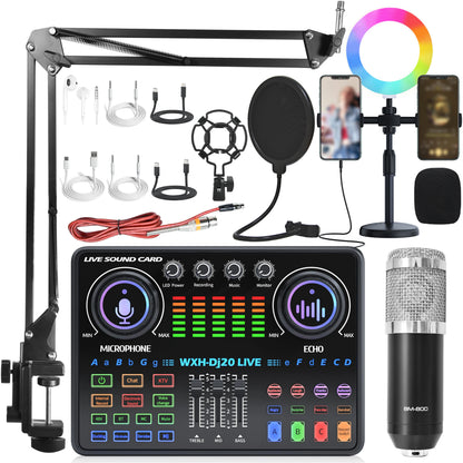 DJ20 Full Set 48v Sound Card Microphone Kit RGB Lighting Suspension Arm Bracket for Live Streaming and Recording