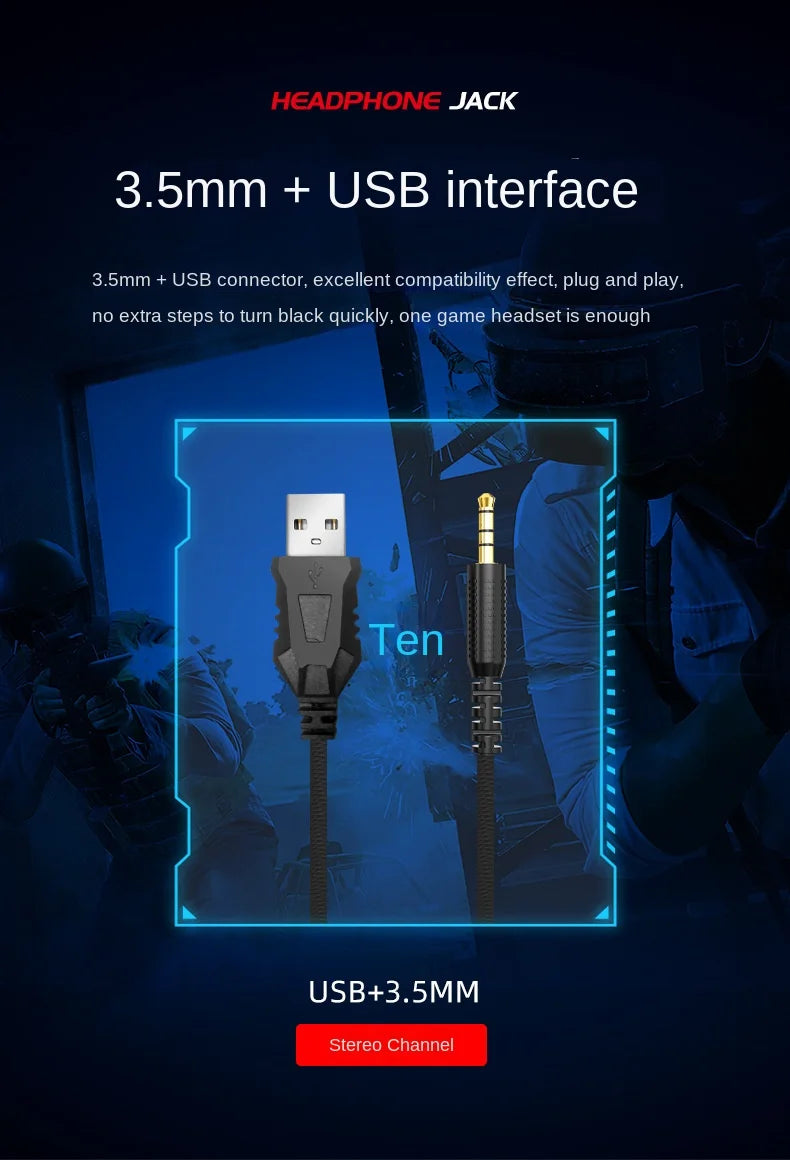 E-sports Game Over-ear Headphones Active Noise Cancellation RGB Dynamic Cool Light Effect Bass Boost 2.2m Cord Desktop Computer