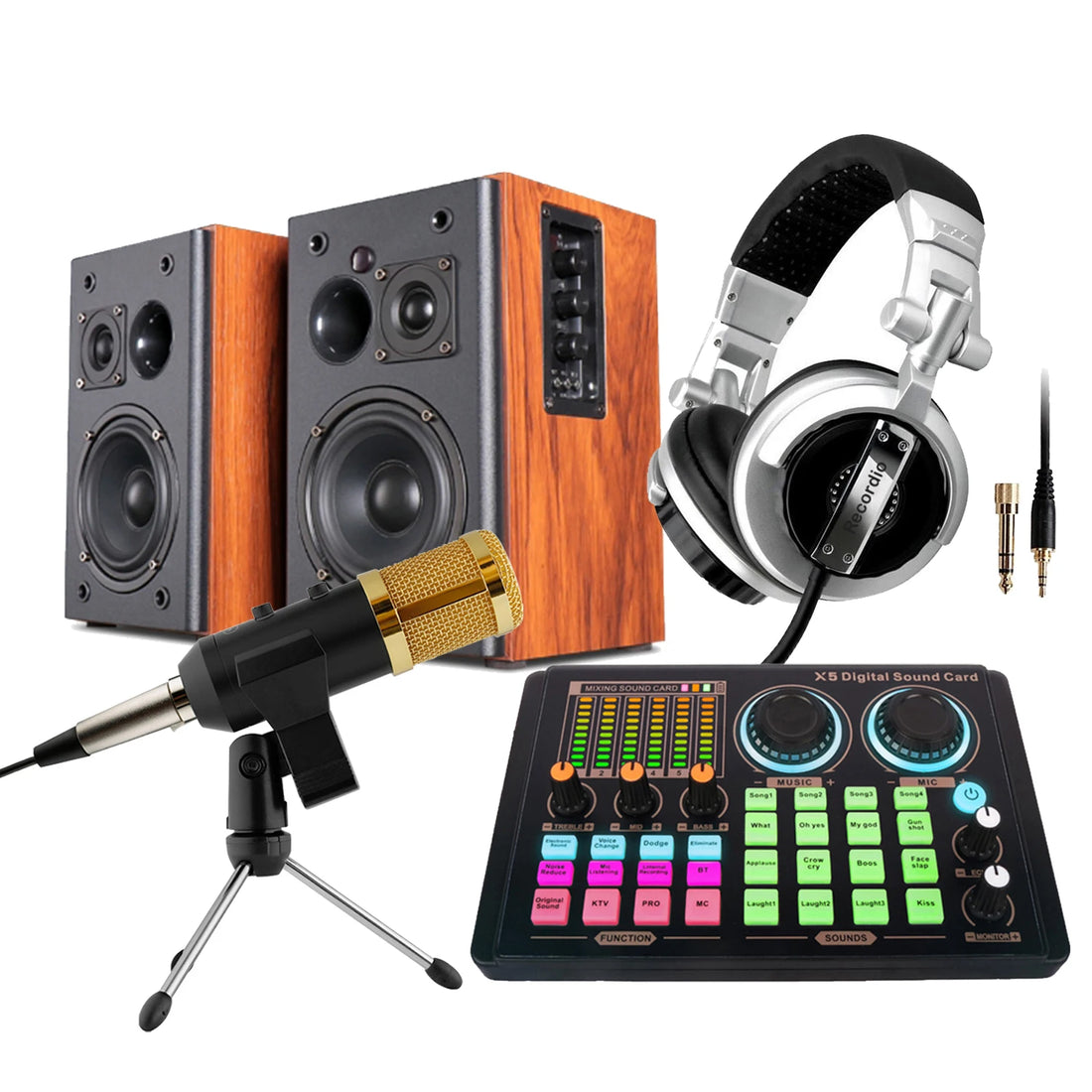 Professional Studio Recording Equipment Bundle X5 Digital Mixer Soundcard Mic Headphone Monitor Speaker for Streaming Singing
