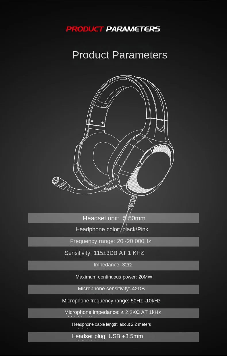 E-sports Game Over-ear Headphones Active Noise Cancellation RGB Dynamic Cool Light Effect Bass Boost 2.2m Cord Desktop Computer