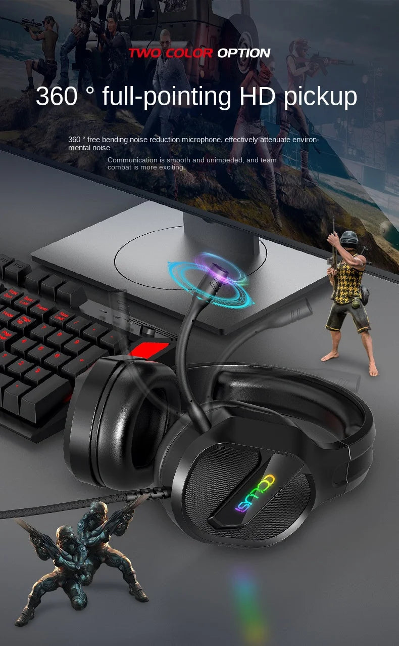 E-sports Game Over-ear Headphones Active Noise Cancellation RGB Dynamic Cool Light Effect Bass Boost 2.2m Cord Desktop Computer