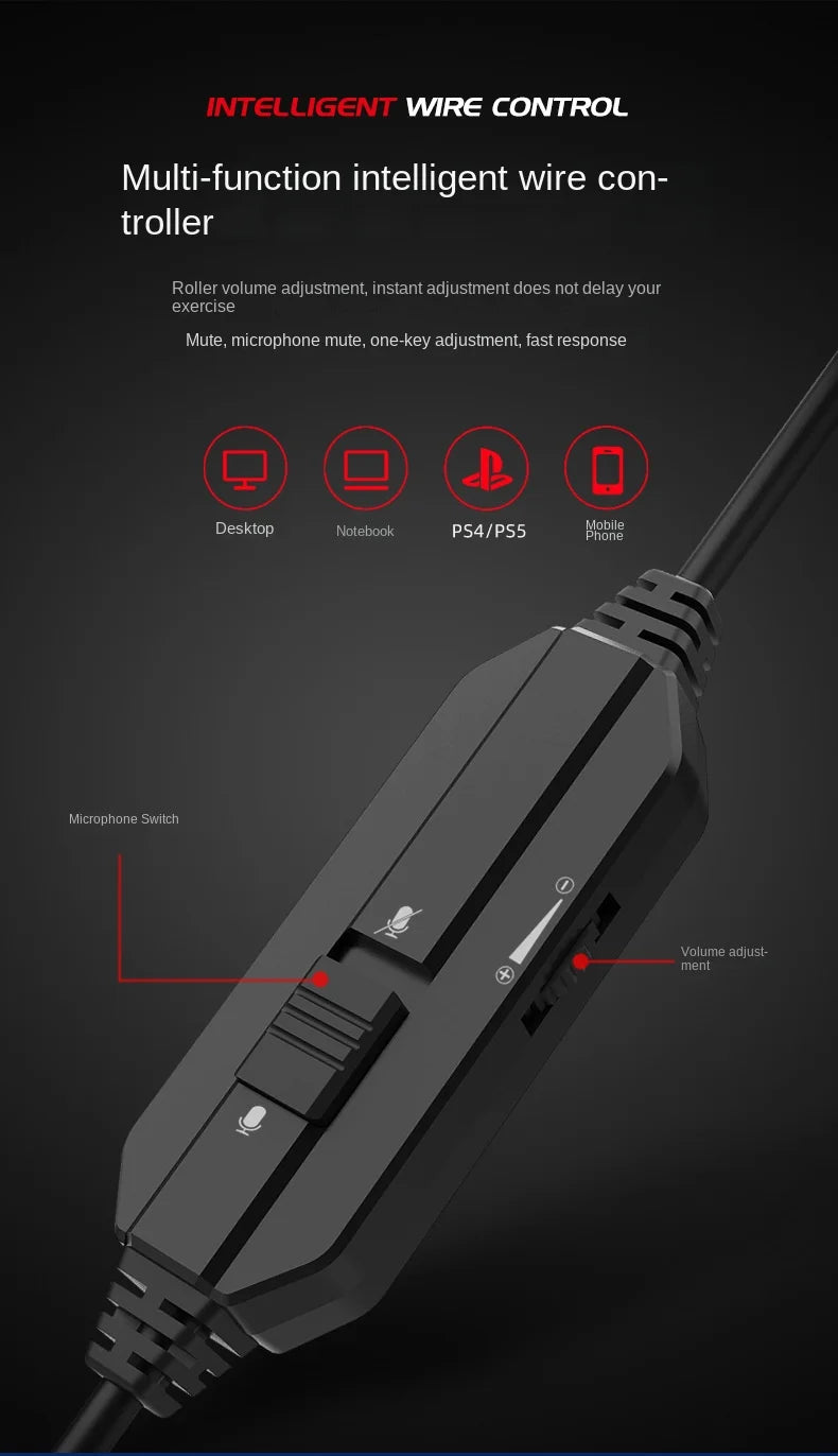 E-sports Game Over-ear Headphones Active Noise Cancellation RGB Dynamic Cool Light Effect Bass Boost 2.2m Cord Desktop Computer