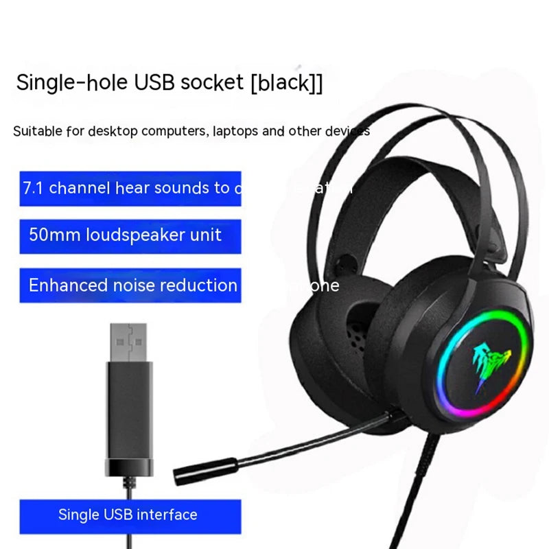 RGB USB Wired Gaming Earphones Headsets Dynamic Vocalism Principle Compatible with PC Laptop