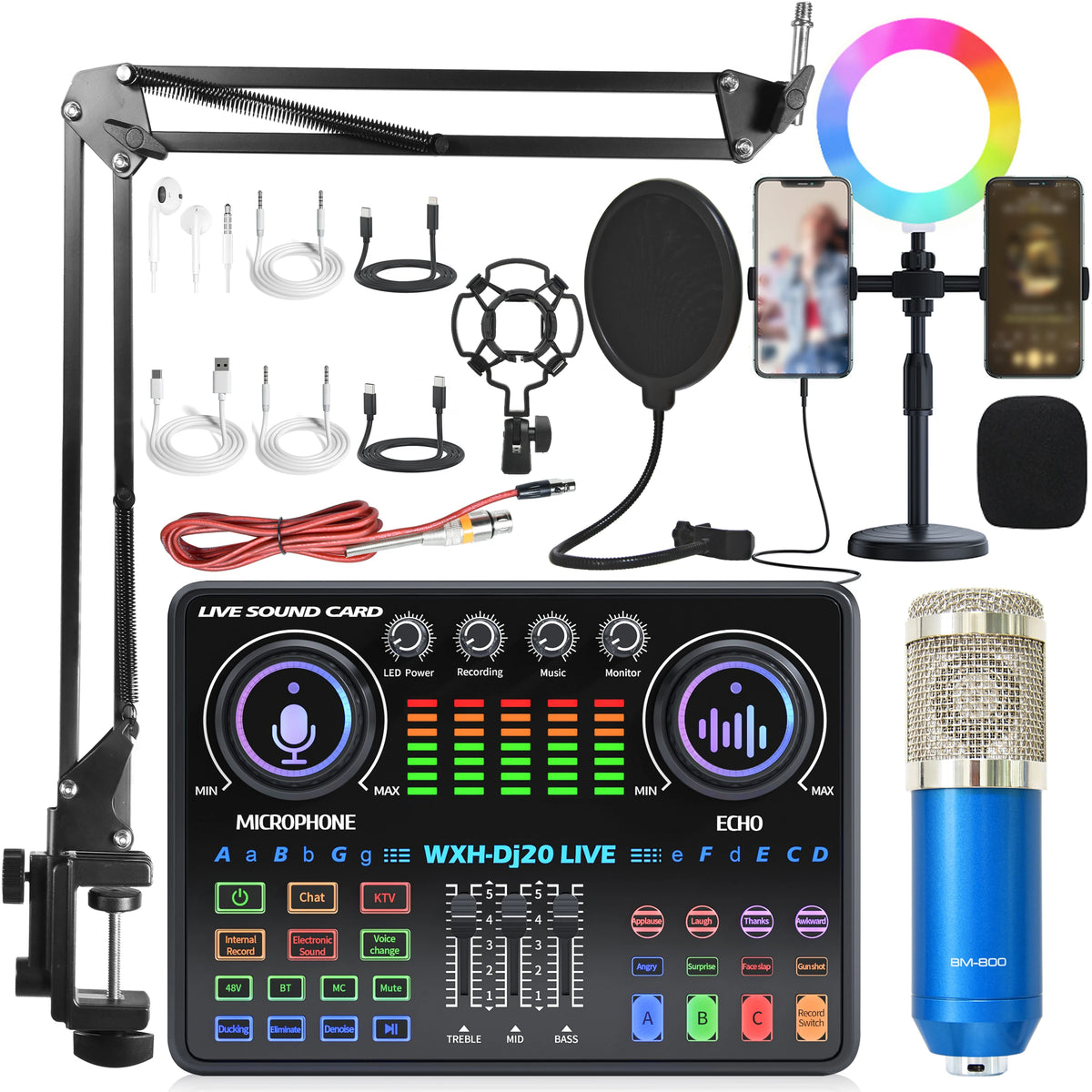 DJ20 Full Set 48v Sound Card Microphone Kit RGB Lighting Suspension Arm Bracket for Live Streaming and Recording