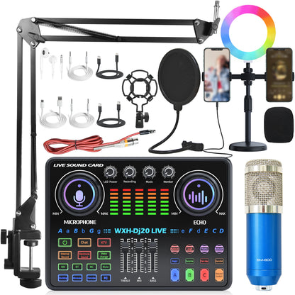 DJ20 Full Set 48v Sound Card Microphone Kit RGB Lighting Suspension Arm Bracket for Live Streaming and Recording