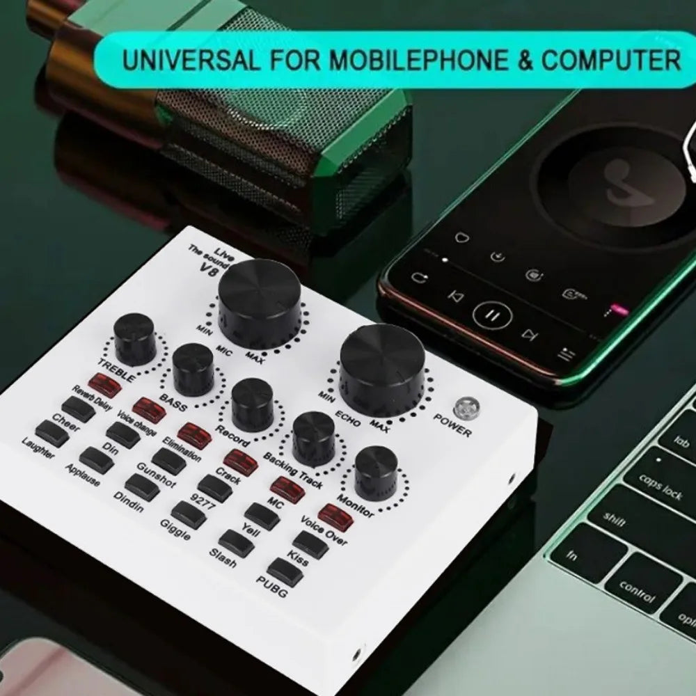 Audio Mixer V8 Sound Card Karaoke Recording Professional Mic Sound Card Portable Studio Record External Sound Card Webcast Live