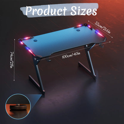 Y‑Shaped Gaming Desk with RGB LED Lights, Ergonomic Carbon‑Fiber Surface PC Workstation Table with Headphone Hook &amp; Cup Holder