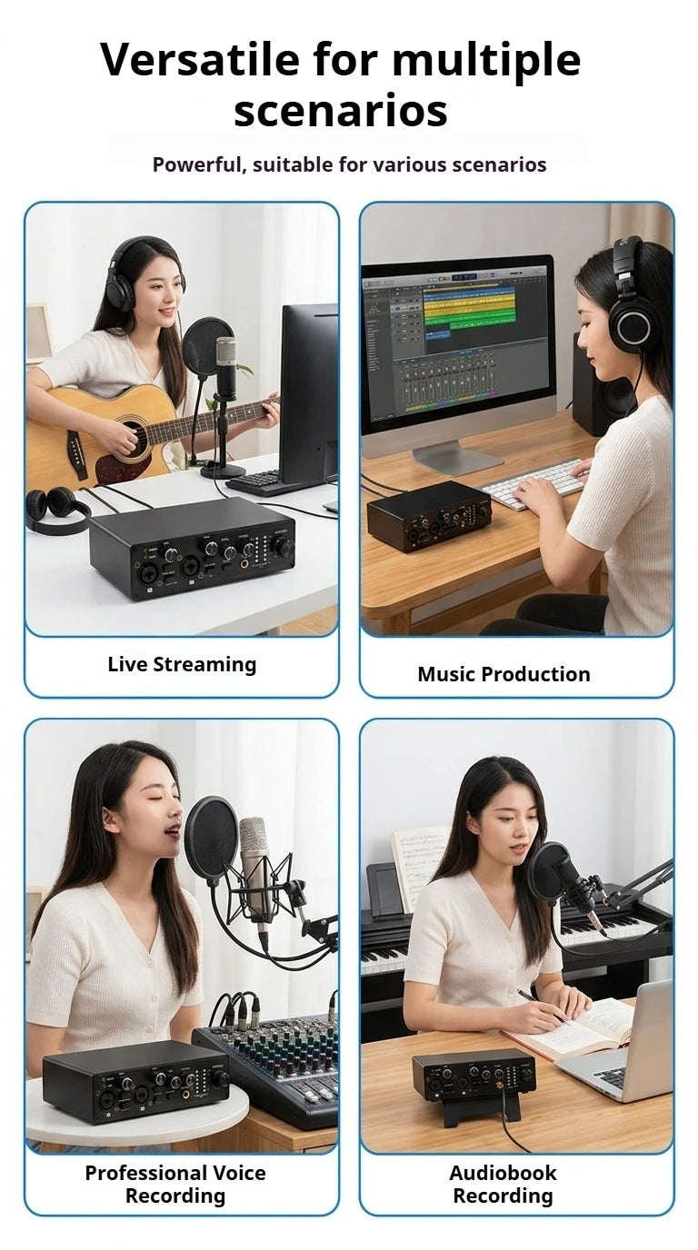 2 Channel USB Audio Interface with 48V Phantom Power Low Noise Sound Card for PC - Ideal for Recording Podcasts Guitar And Live