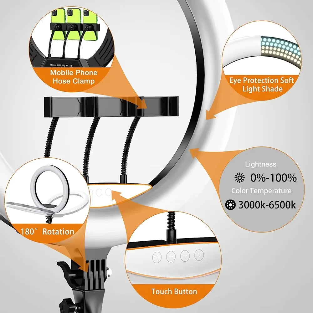 22-inch Ring Light 3000-6500K Color LED Video Ring Lamp Soft Light with Phone Holder and Remote for MakeUp Youtube Photo Studio