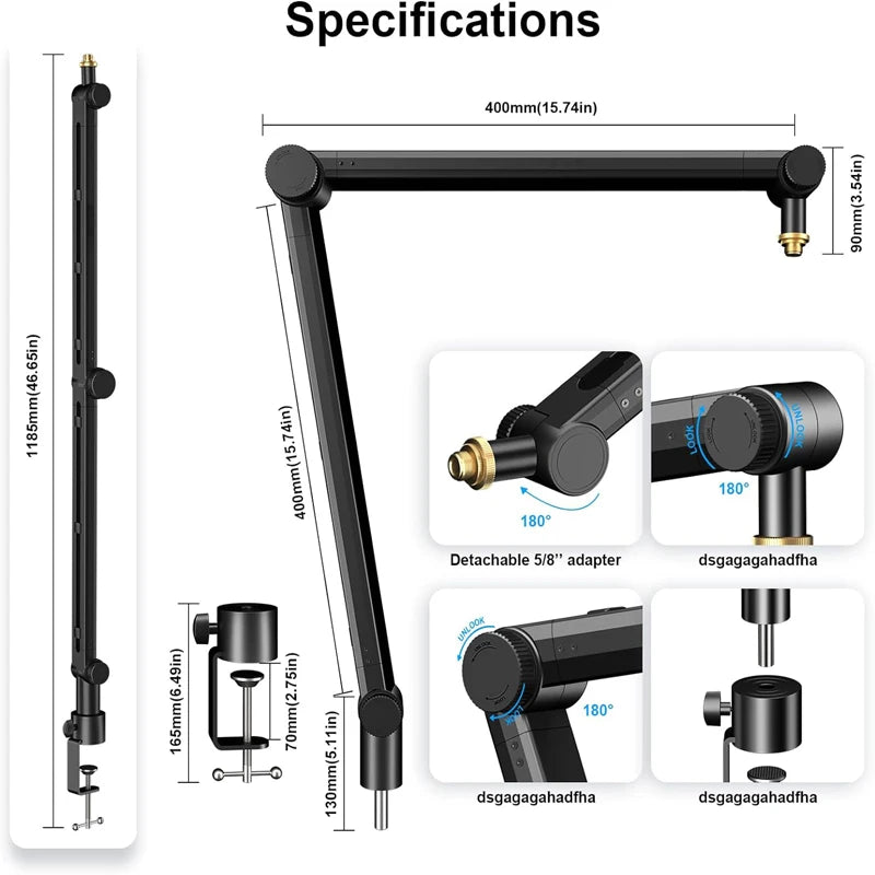 Boom Arm - Adjustable 360° Rotatable Microphone Sturdy Aluminum Alloy Mic Desk, Table Stand Foldable Scissor Stable Mount Arms